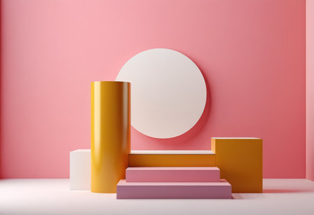 3d rendering minimal geometric forms, podium for product display, cream backgroundの素材