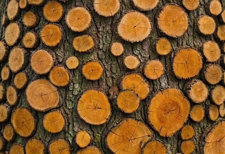 Wooden background with a lot of tree trunks, closeupの素材