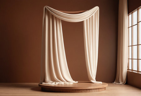 Wooden podium with curtains on brown background. Mock up, 3D Renderの素材