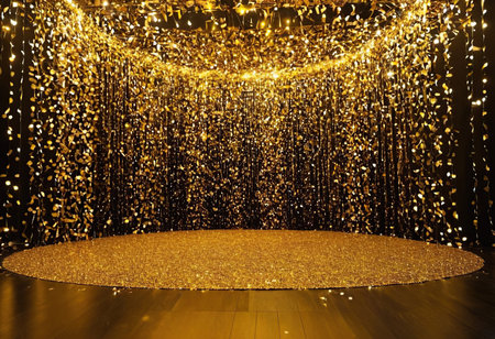 golden garland on the stage in the dark room, 3d renderingの素材