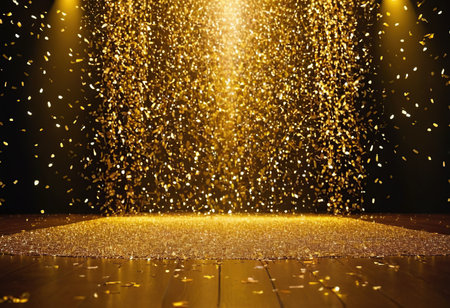 golden confetti on wooden floor and black background with bokehの素材