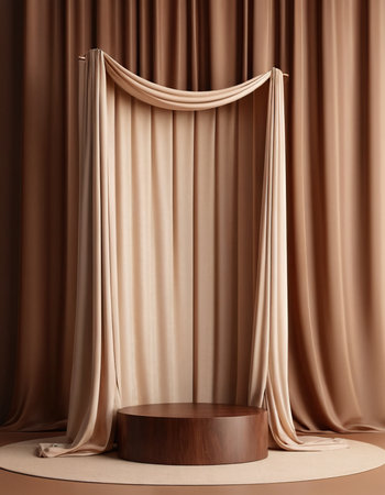 3d render of beige curtain and round podium for product displayの素材
