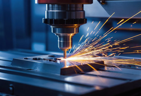 The CNC milling machine cutting the metal part with the sparking light. The hi-technology mold and die manufacturing process.の素材