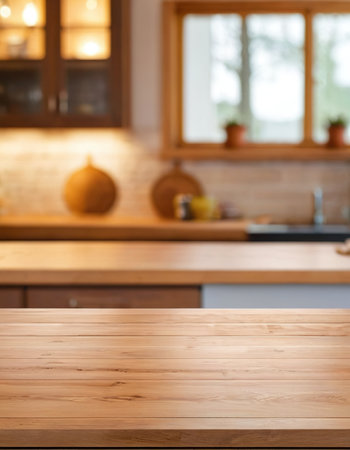 Empty wooden table and blurred kitchen interior background, product display montageの素材