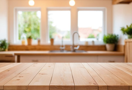 Empty wooden table and blurred background of kitchen interior. For product displayの素材