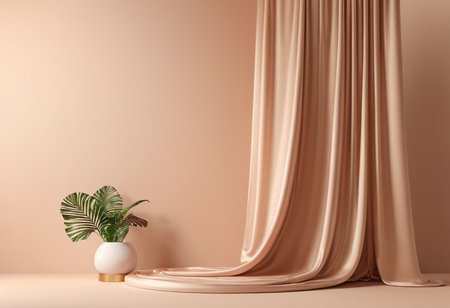3d render interior with beige curtains and plant in vaseの素材
