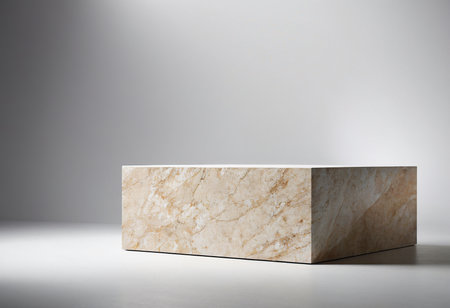 White marble podium on gray background. Mock up, 3D Renderingの素材