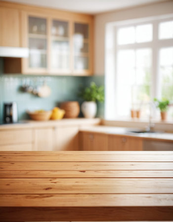 Table Top And Blur Kitchen Room Of The Background. Ready For Your Designの素材