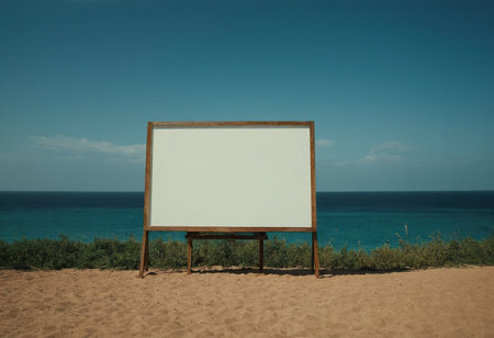Blank white board on the beach with sea in the background.の素材
