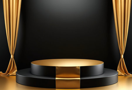 Black podium with gold drapery on black background. 3d renderの素材