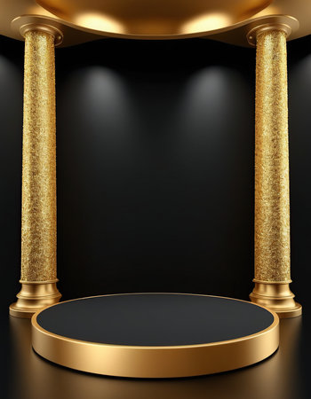 Black podium and golden pedestal illuminated with spotlight. 3D renderingの素材