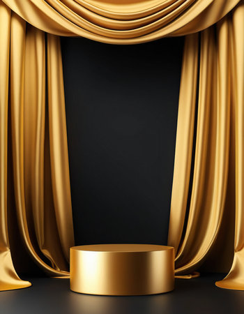 Golden stage podium with gold drapery on black background. 3d renderの素材