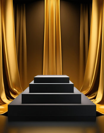 Stage with golden curtains and black podium. Award ceremony concept. Vector illustrationの素材