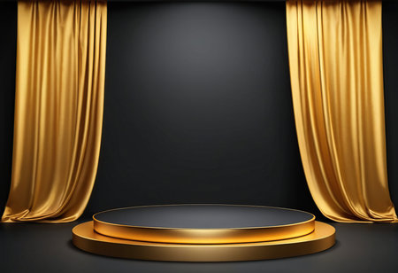 Black podium and golden curtains on black background. Realistic vector illustrationの素材