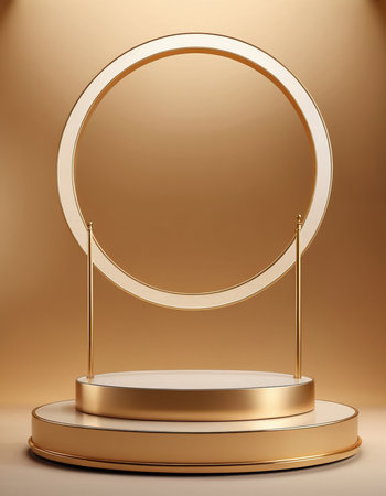 3d render of golden round podium for product presentation. Abstract background.の素材