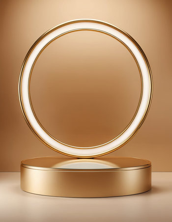 3d render of golden round podium for product presentation. Abstract background.の素材