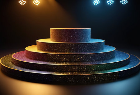 Stage podium illuminated with spotlight. Award ceremony concept. 3D Renderingの素材