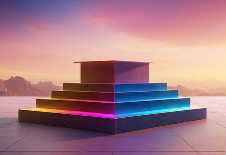 3d render of stairs with colorful neon light in the sky.の素材