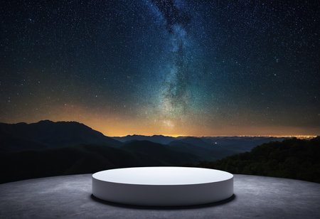 Night scene with round podium and milky way. 3d renderingの素材