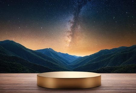 Golden podium on wooden platform with mountain and starry sky background. 3d renderingの素材