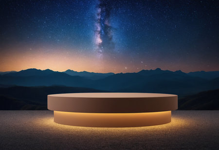 Round podium with starry night sky and Milky Way. 3D renderingの素材