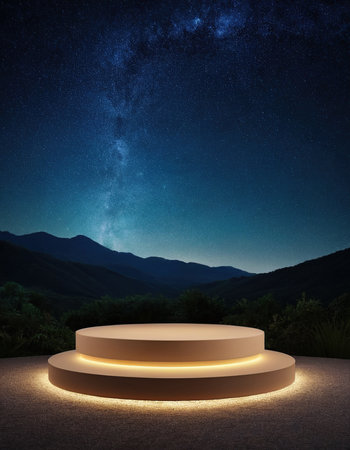 Empty podium in the night starry sky, 3d render.の素材