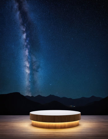 Wooden podium on wooden floor with night sky and milky wayの素材