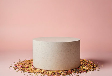 Round podium on pink background with golden confetti. 3d renderの素材