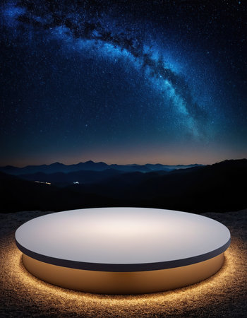 Empty round podium in the mountains with starry sky and milky wayの素材