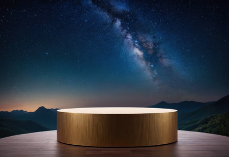 Wooden podium on the wooden table. Night sky with stars and milky way.の素材