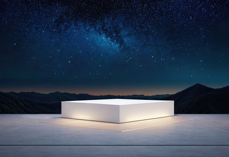 White podium against starry night sky over mountain landscape 3D renderingの素材