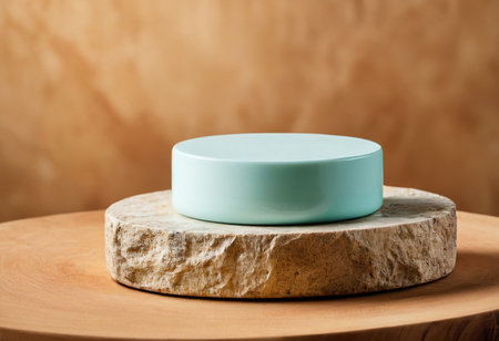 Green round cosmetic container on a wooden stand on a beige backgroundの素材