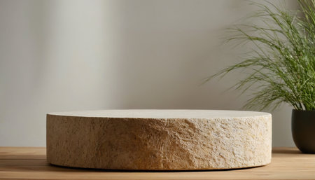 3d rendering of a white marble podium on a wooden table.の素材