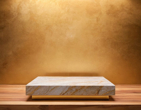 Wooden podium on wooden table and brown wall background. 3d renderの素材