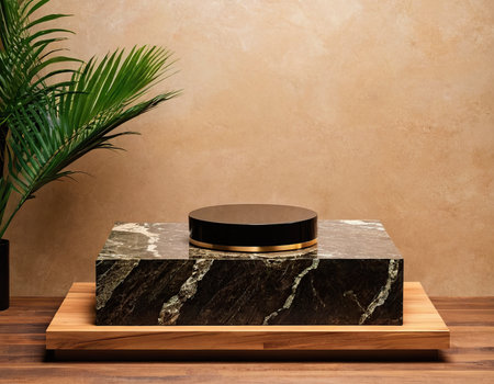 Black marble podium on wooden stand with palm leaf. 3d renderの素材