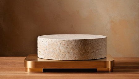 Empty marble podium on wooden table. Mockup for product presentation.の素材