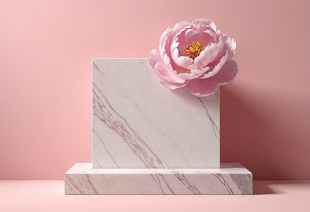 White marble podium with peony flower on pink background. 3d renderの素材