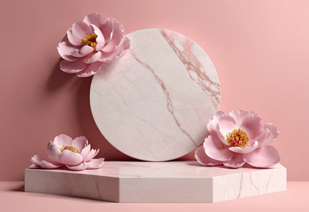 Marble platform with peony flowers on pink background. 3d renderの素材