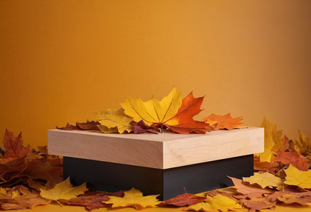 Wooden box with autumn leaves on a yellow background. Copy space.の素材