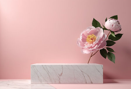 White marble podium with peony flowers on pink background. 3d renderの素材