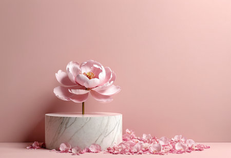 pink peony flower on white marble pedestal on pink backgroundの素材