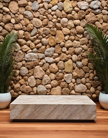 Wooden podium on the background of a stone wall. Mockup for designの素材