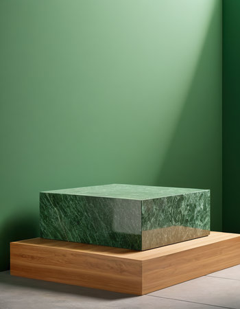 Green wall with a wooden stand. 3d rendering mock up.の素材
