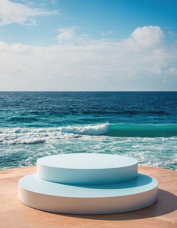 Blue round podium on the beach with sea and blue sky background.の素材