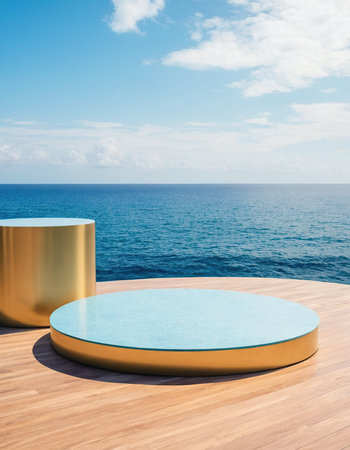 3D render of a round podium on a wooden deck by the seaの素材