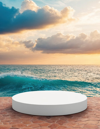 White round podium on the seashore. 3d rendering.の素材