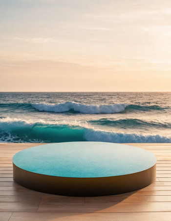 Wooden deck with blue round podium and waves on the background.の素材
