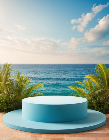 Blue round podium and palm trees on the background of the sea and skyの素材