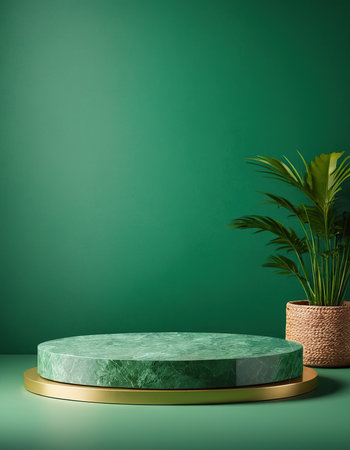Minimal green background with round podium and plant. 3d renderの素材