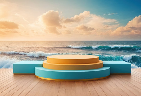 3d render of blue podium on wooden floor and ocean background.の素材